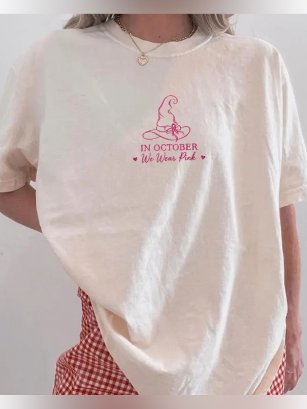 Gildan White 'In October We Wear Pink' Graphic Tee, Vintage Pink Witch Hat Tee